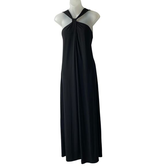Vintage Express Halter Maxi Dress M Black Draped Pleated Coquette Y2K USA Made - Picture 1 of 8